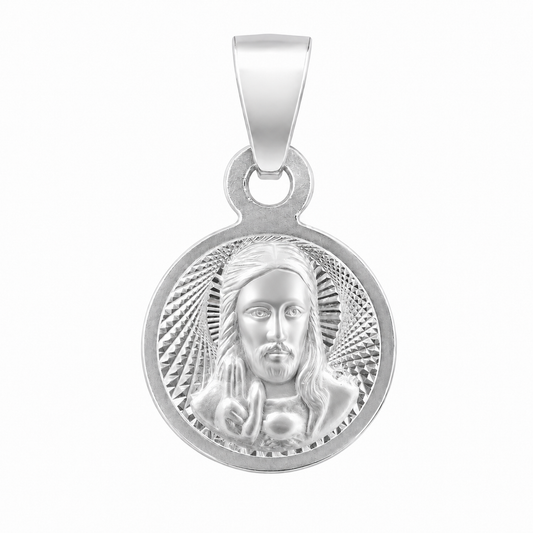 Medalla facetada de plata 925, Sagrado Corazón de Jesús en relieve, redondel de 13 mm.