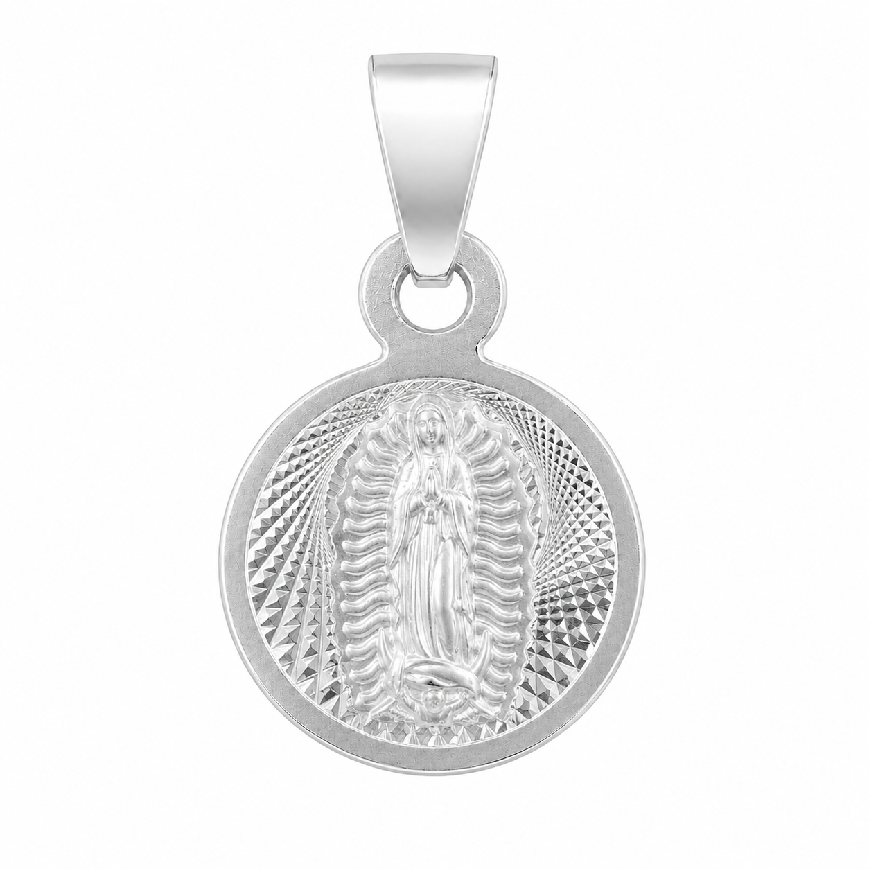 Cara de la Virgen de Guadalupe en relieve, medalla facetada de plata 925, 13 mm.