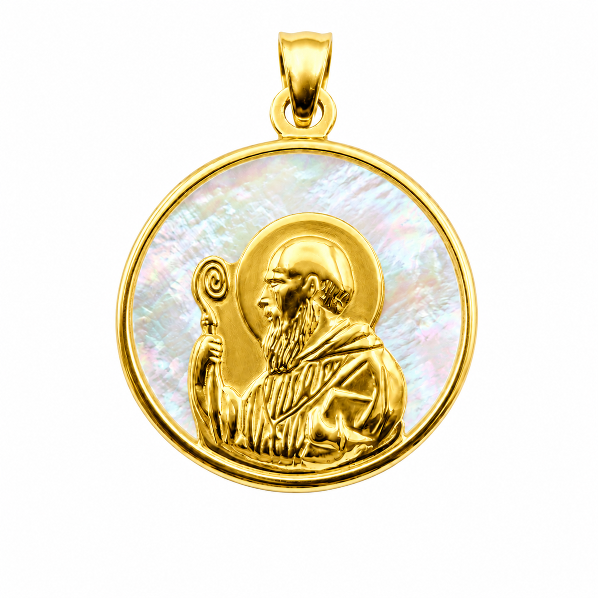 medalla san benito abad con fondo de nacar oro macizo 18k