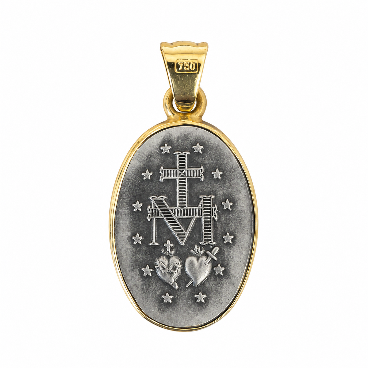 Reverso de la medalla Virgen de los Rayos con grabado de la M, cruz, estrellas y corazones en plata y oro 18k.