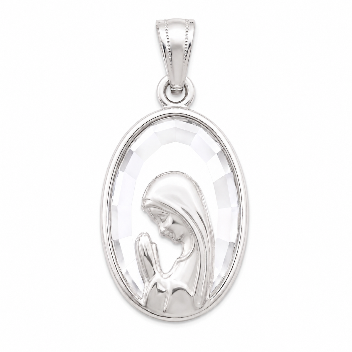 Medalla ovalada de la Virgen Niña rezando en plata ley 900 con fondo de cristal facetado 23x13 mm.