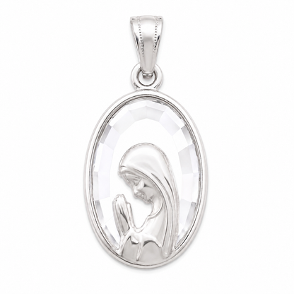 Medalla ovalada de la Virgen Niña rezando en plata ley 900 con fondo de cristal facetado 23x13 mm.