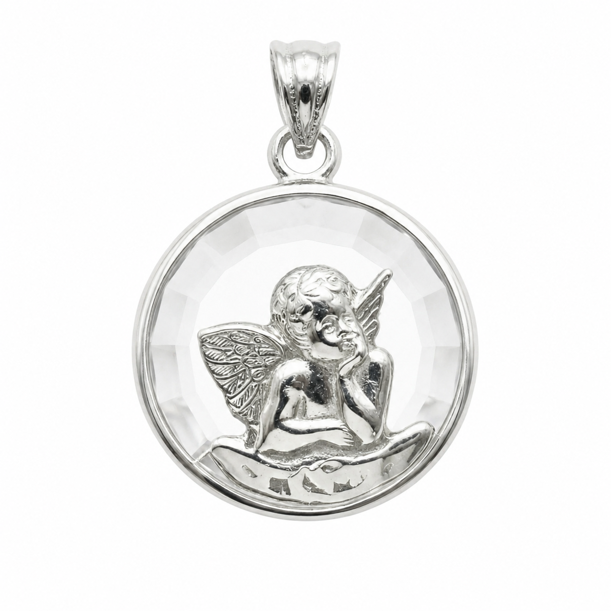 Medalla Ángel de la Guarda con cristal facetado en plata ley 900