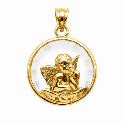 Medalla Ángel de la Guarda en oro 18k macizo con cristal facetado