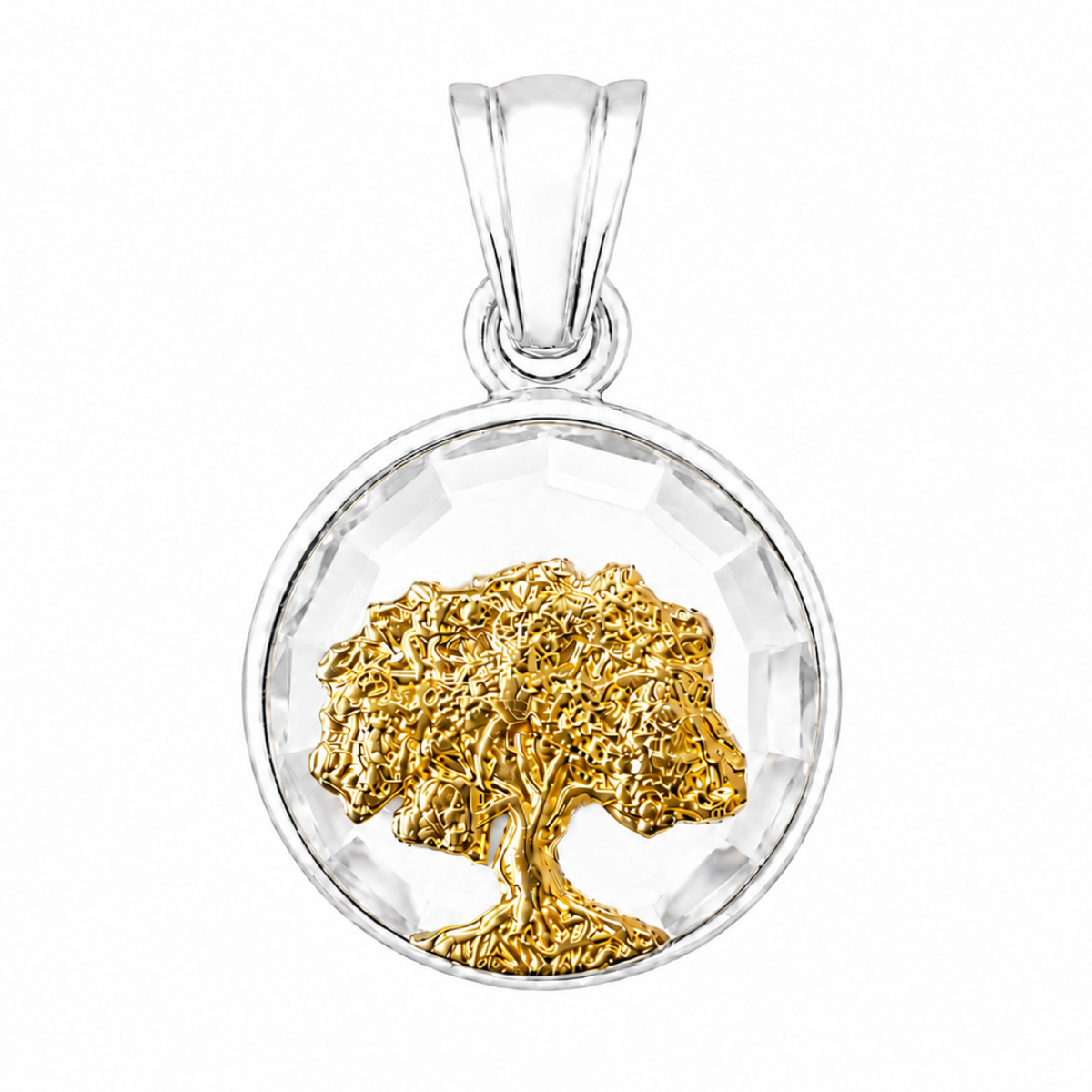 Medalla Árbol de la Vida en plata ley 900 bañada en oro 18k con fondo de cristal facetado 12 mm.