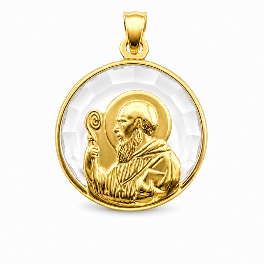 Medalla San Benito Abad Oro 18k macizo con fondo de cristal facetado
