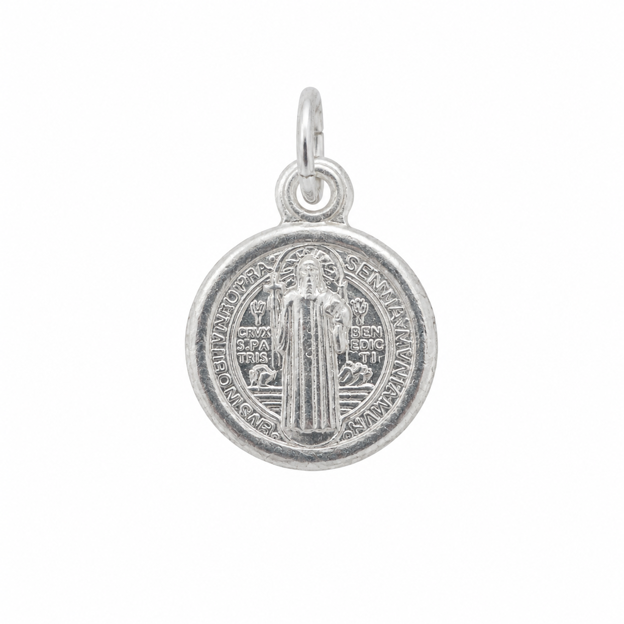 Medalla mini de plata 925 de San Benito en relieve, redondel de 8 mm.
