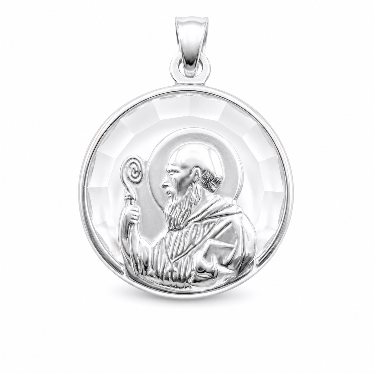 Medalla San Benito Abad en plata con fondo de cristal