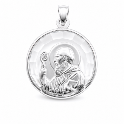Medalla San Benito Abad en plata con fondo de cristal