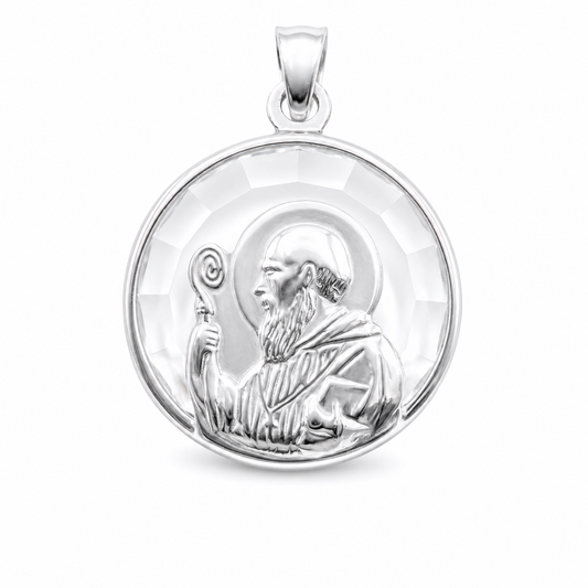 Medalla San Benito Abad en plata con fondo de cristal