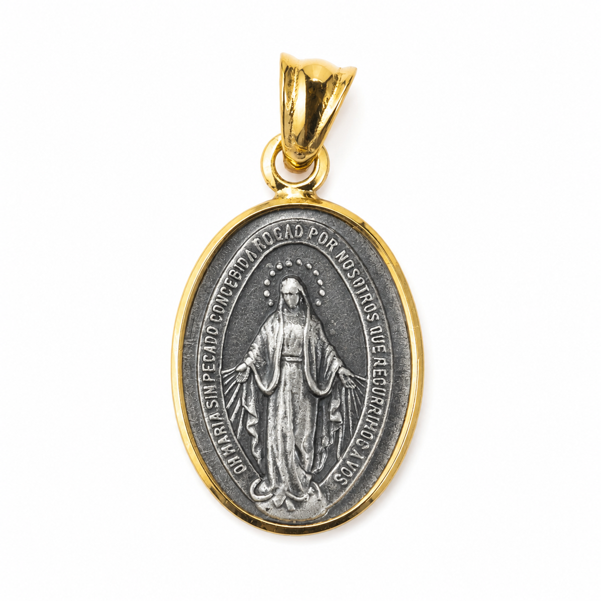 Anverso de la medalla Virgen de los Rayos en plata envejecida ley 900 con borde de oro macizo 18k.
