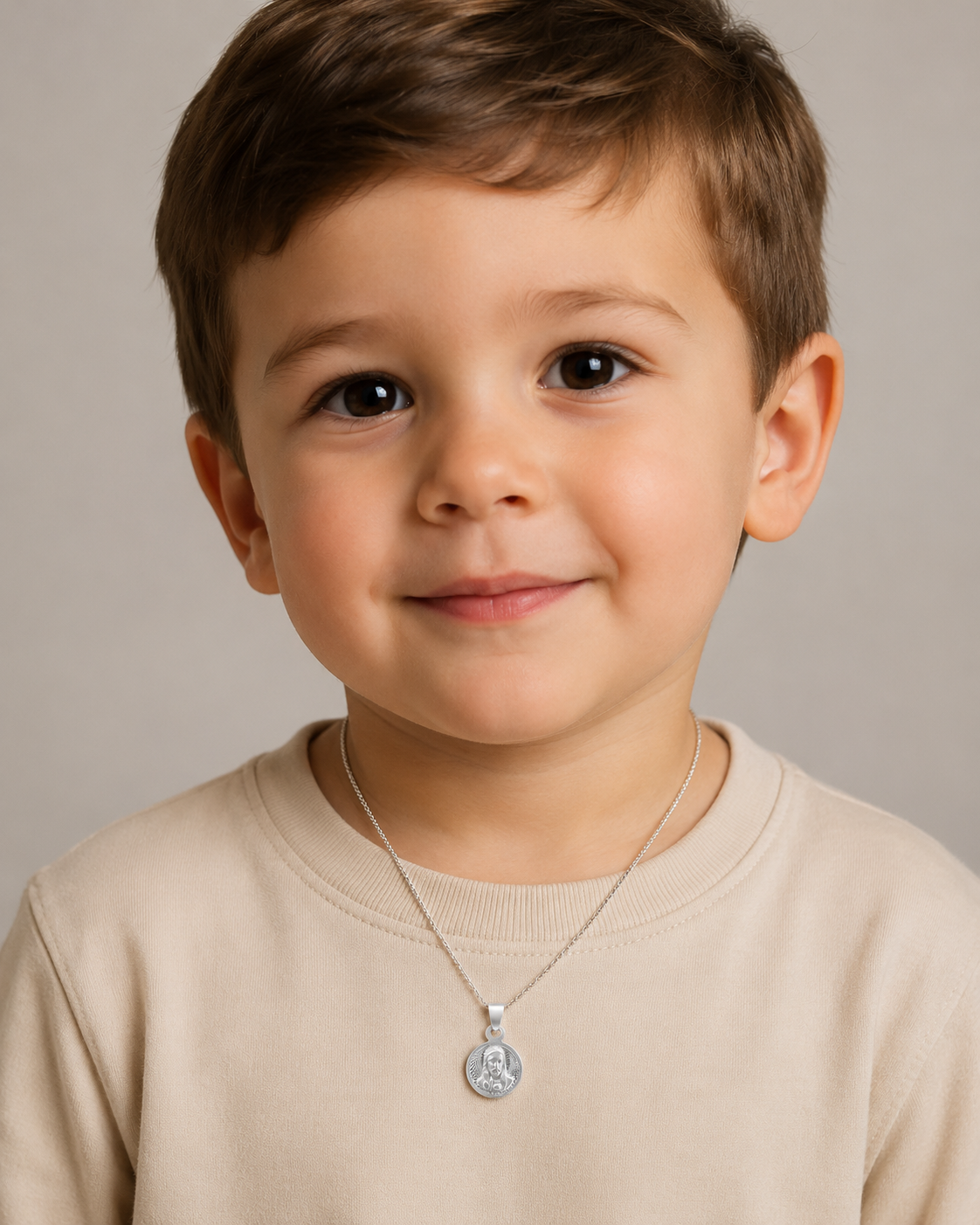 malla sagrado corazon de jesus puesta en un niño