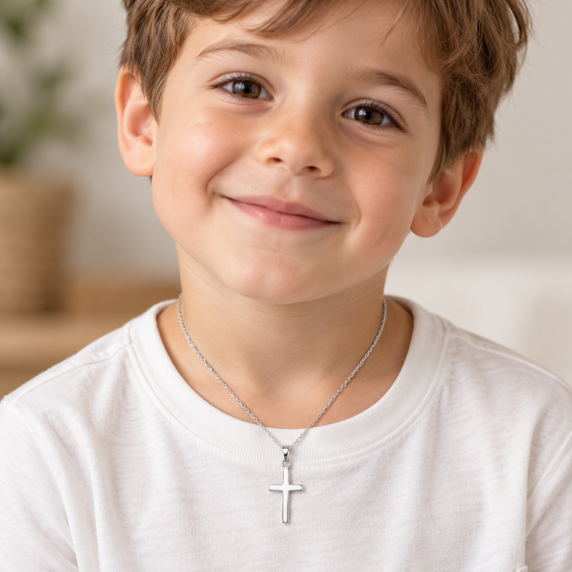 Niño de 5 años usando cruz de Plata 925, regalo para bautizo niño
