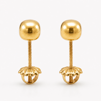 
Par de aros de oro 18k bolita 6 mm para niña con tornillo atornillable y mariposa de seguridad