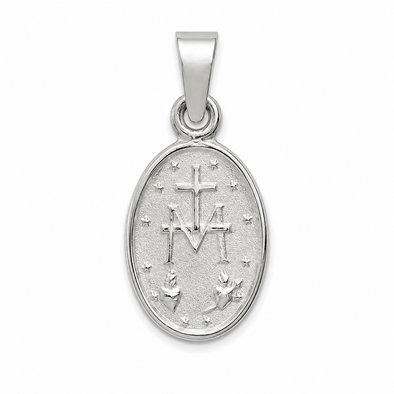 Reverso de medalla Milagrosa de plata 925 con la M, la cruz y doce estrellas.