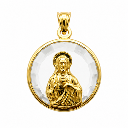 Medalla Sagrado Corazón en oro 18k macizo con cristal facetado, 17mm de diámetro, regalo para niños