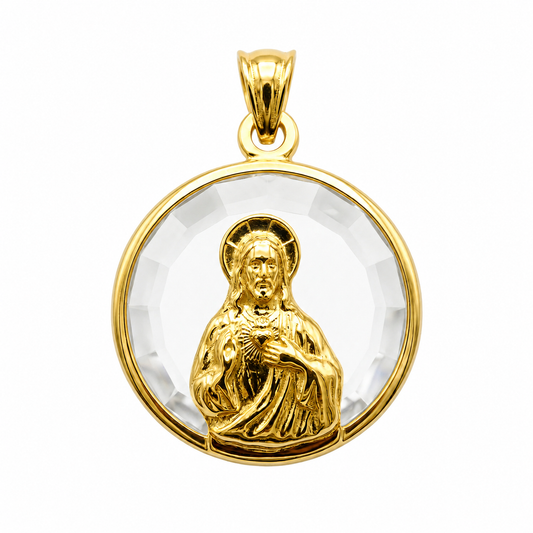 Medalla Sagrado Corazón en oro 18k macizo con cristal facetado, 17mm de diámetro, regalo para niños