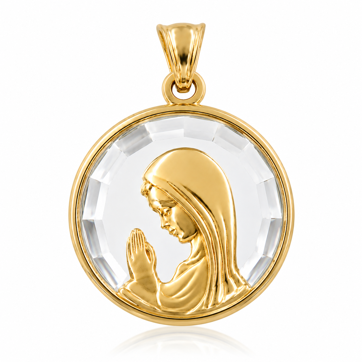 Medalla de Oro 18k Niña Rezando con Fondo de Cristal